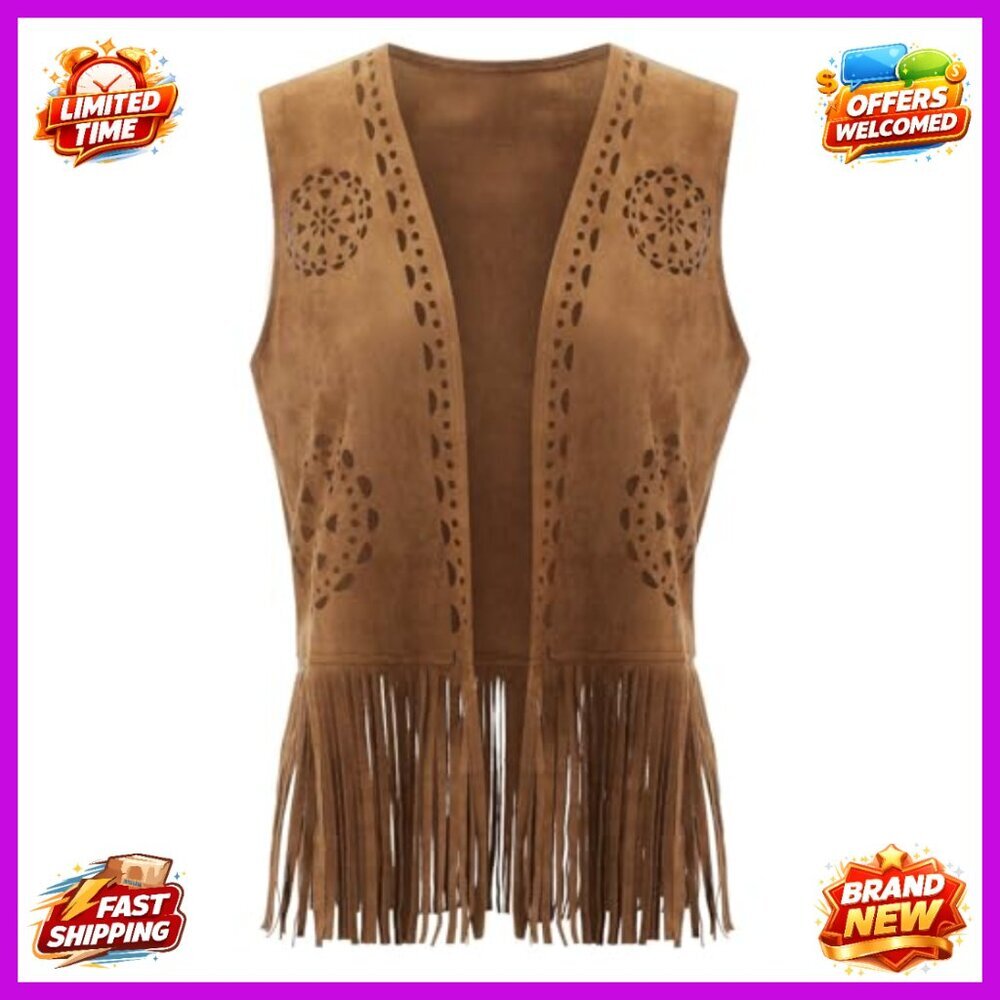 Fringe Vest Sleeveless Tassel Jacket Boho Western Cowgirl Costume Top - Picture 5 of 7